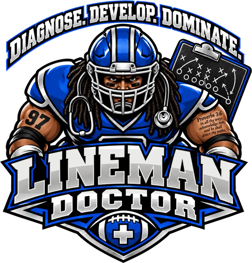 The Lineman Doctor logo: a lineman in a blue helmet and stethoscope above a shield with a football and cross. Diagnose. Develop. Dominate.